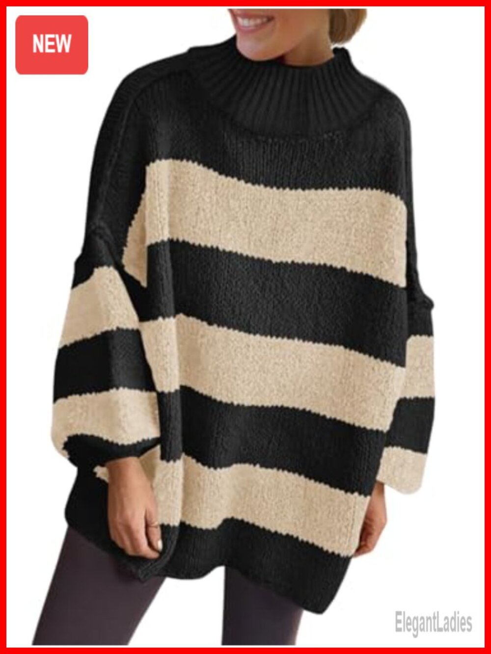 Oversized Striped Mock Neck Tunic Sweater